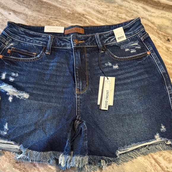 Judy Blue Pants - Judy Blue Dark Blue Distressed Frayed Hem Jean Shorts